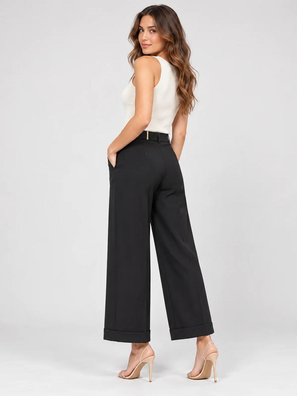 Black cuffed trousers, worn, alternate view
