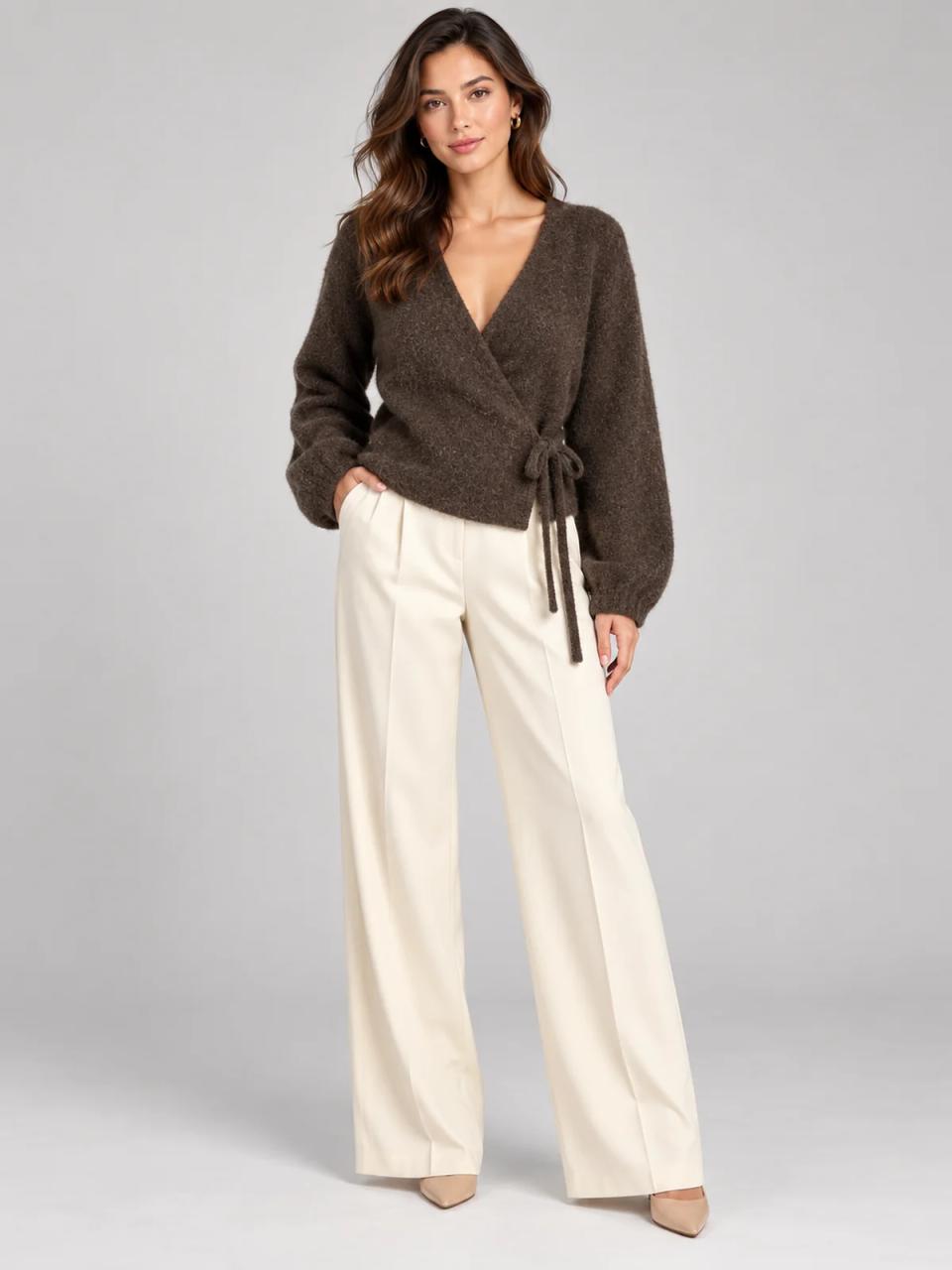 Brown wrap cardigan, worn, front view