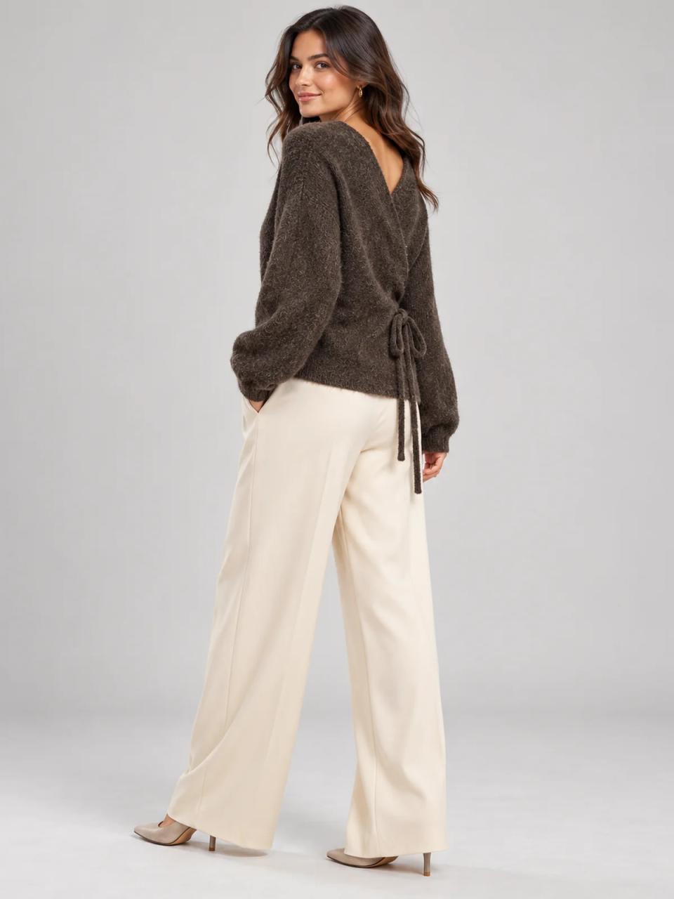 Brown wrap cardigan, worn, alternate view