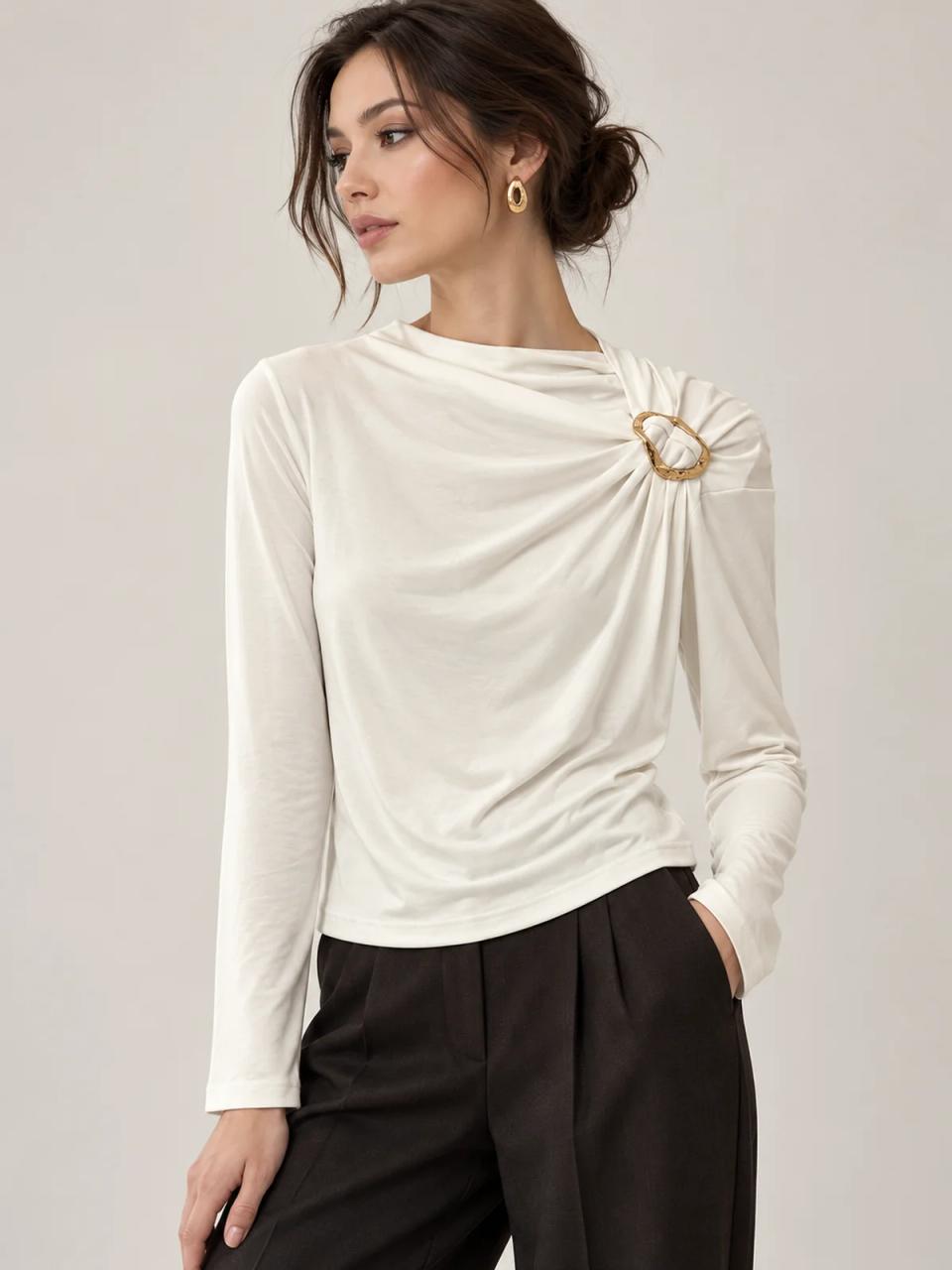 White draped top, worn, alternate view