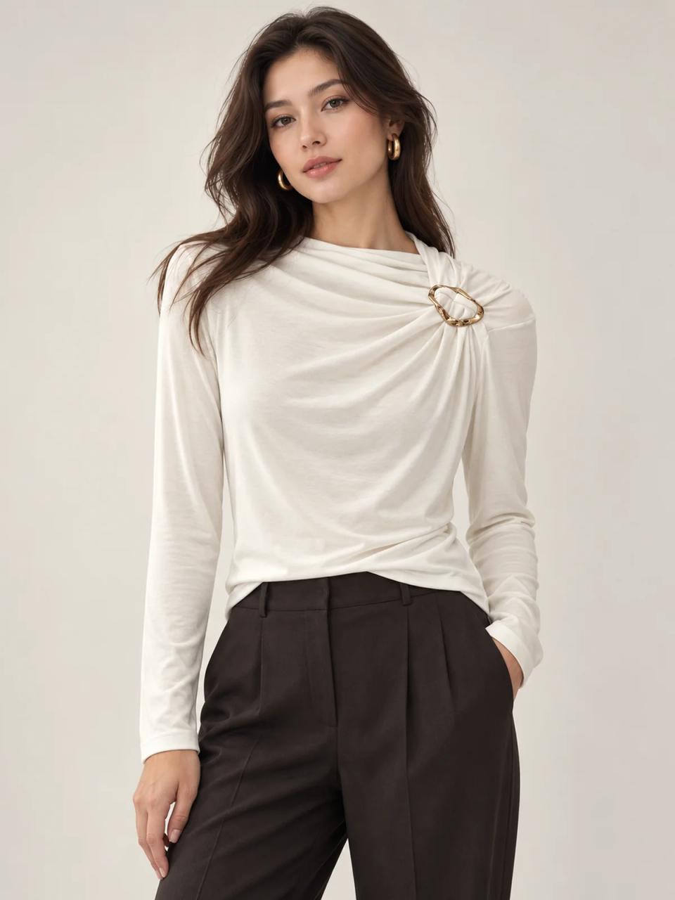 White draped top, worn, front view