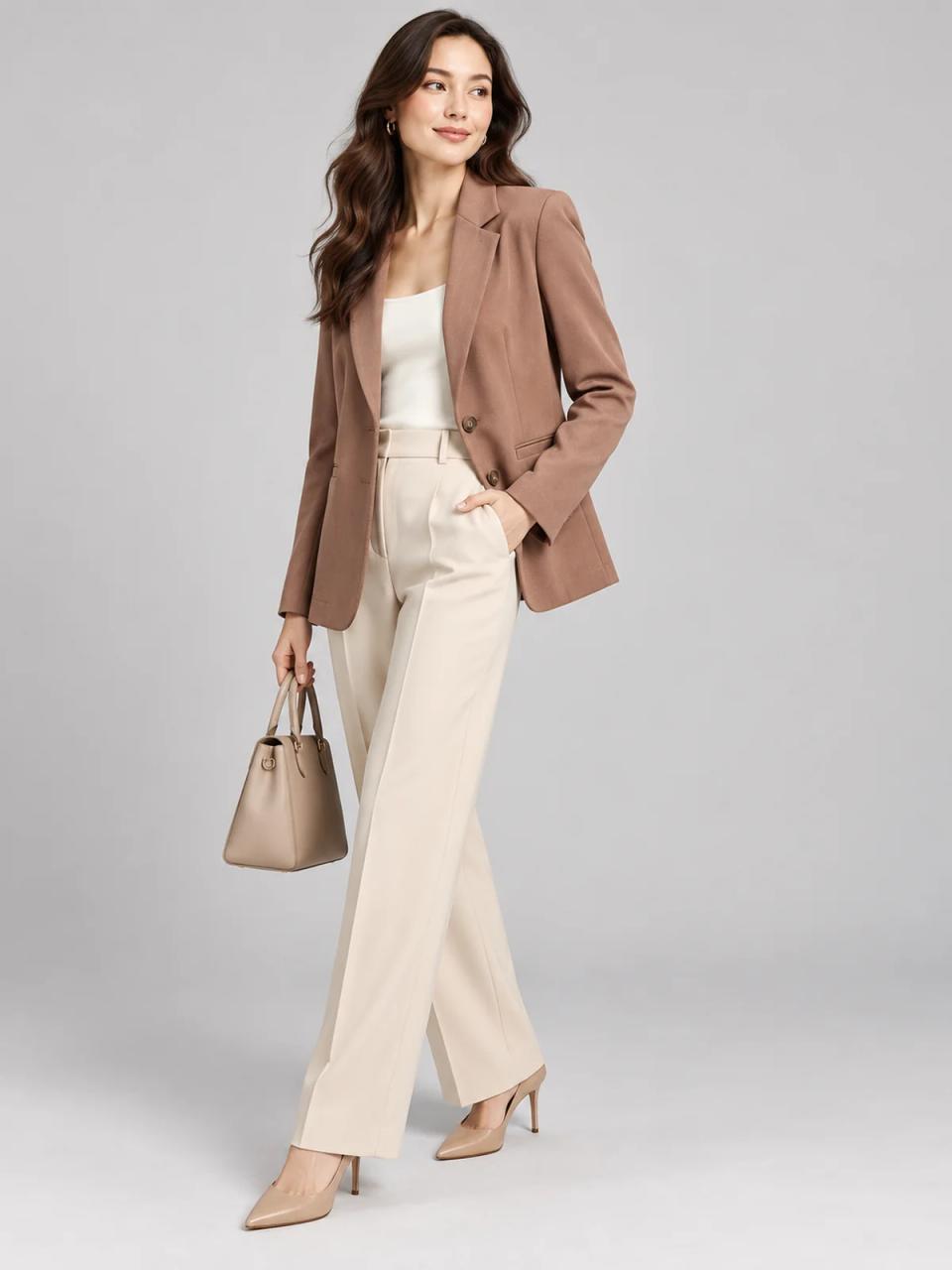 Camel blazer, worn, alternate view