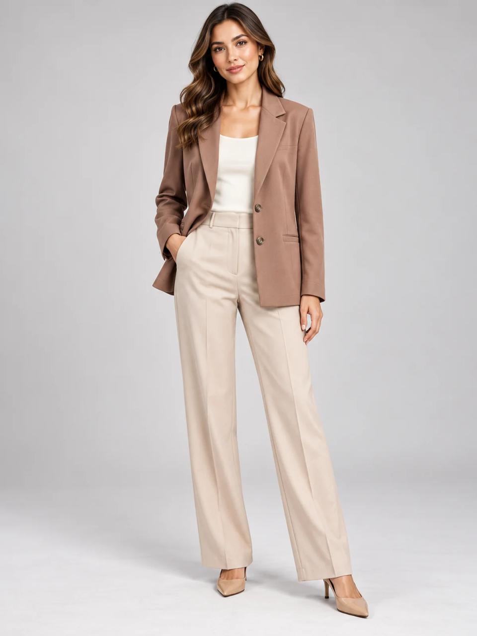 Camel blazer, worn, front view
