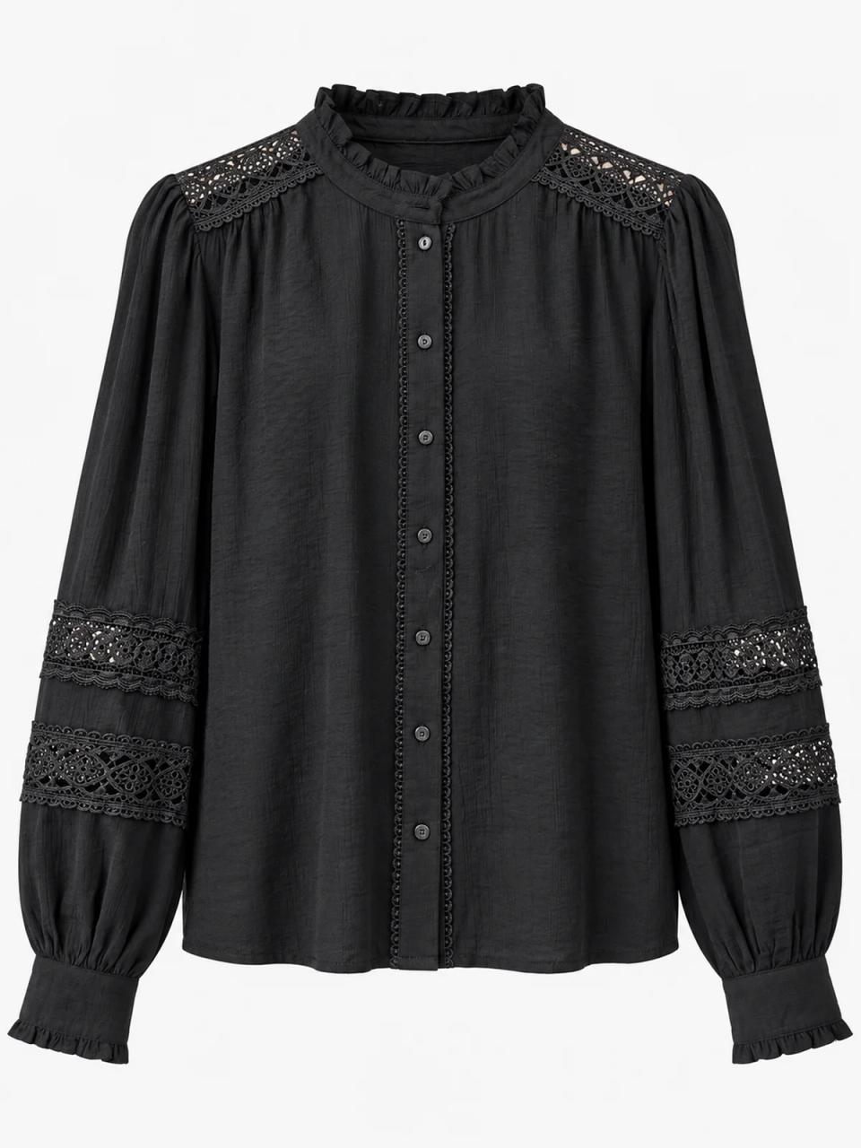 Black lace-trim blouse, product photo on white background