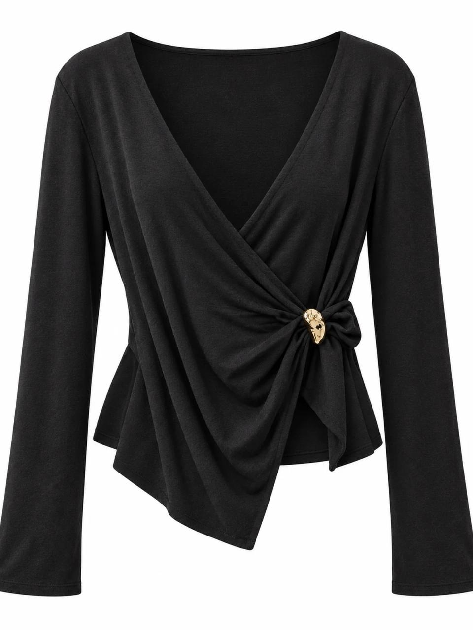 Black wrap top, product photo on white background