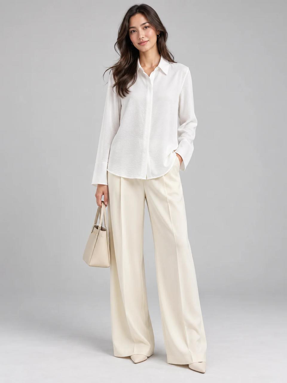 Flowy white shirt, worn, front view