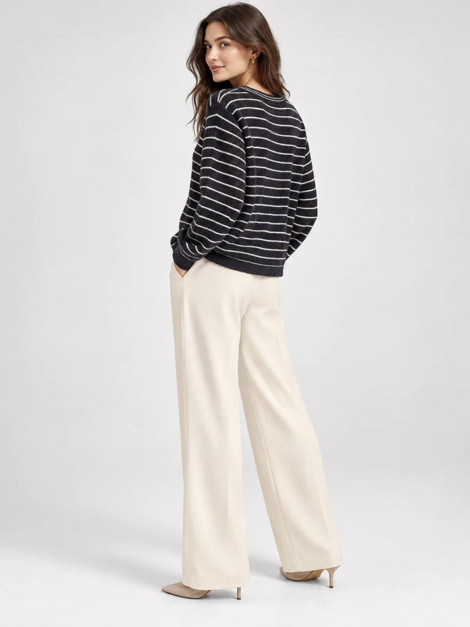 Striped jumper, worn, alternate view