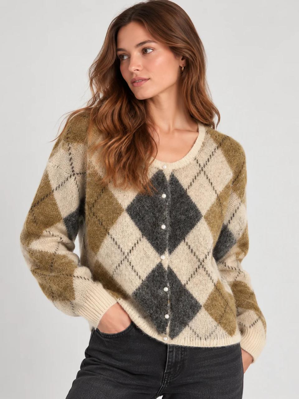 Argyle cardigan, worn, alternate view
