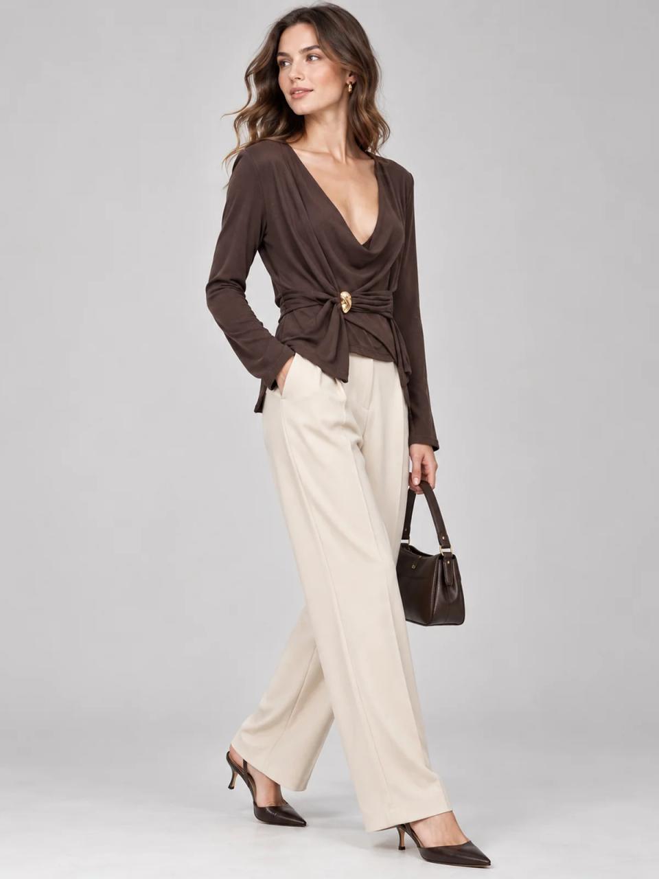 Brown wrap top, worn, alternate view
