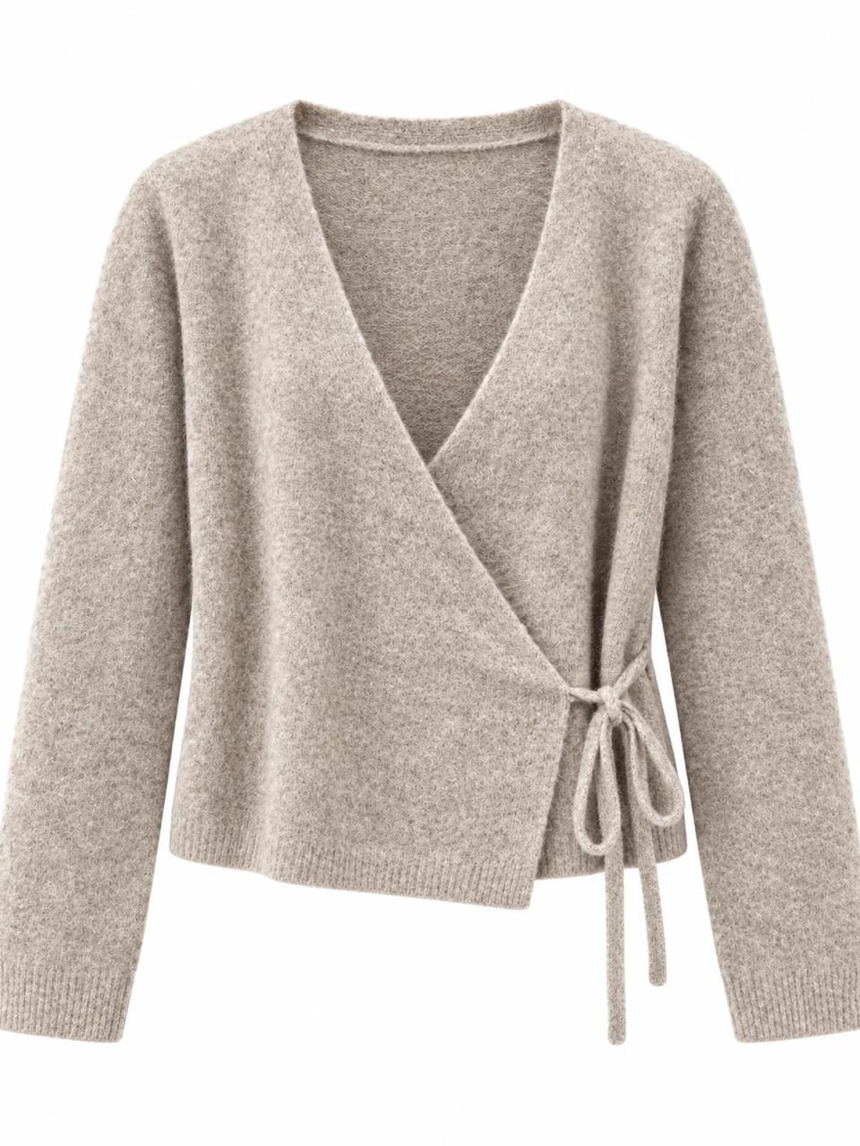 Grey wrap cardigan, product photo on white background