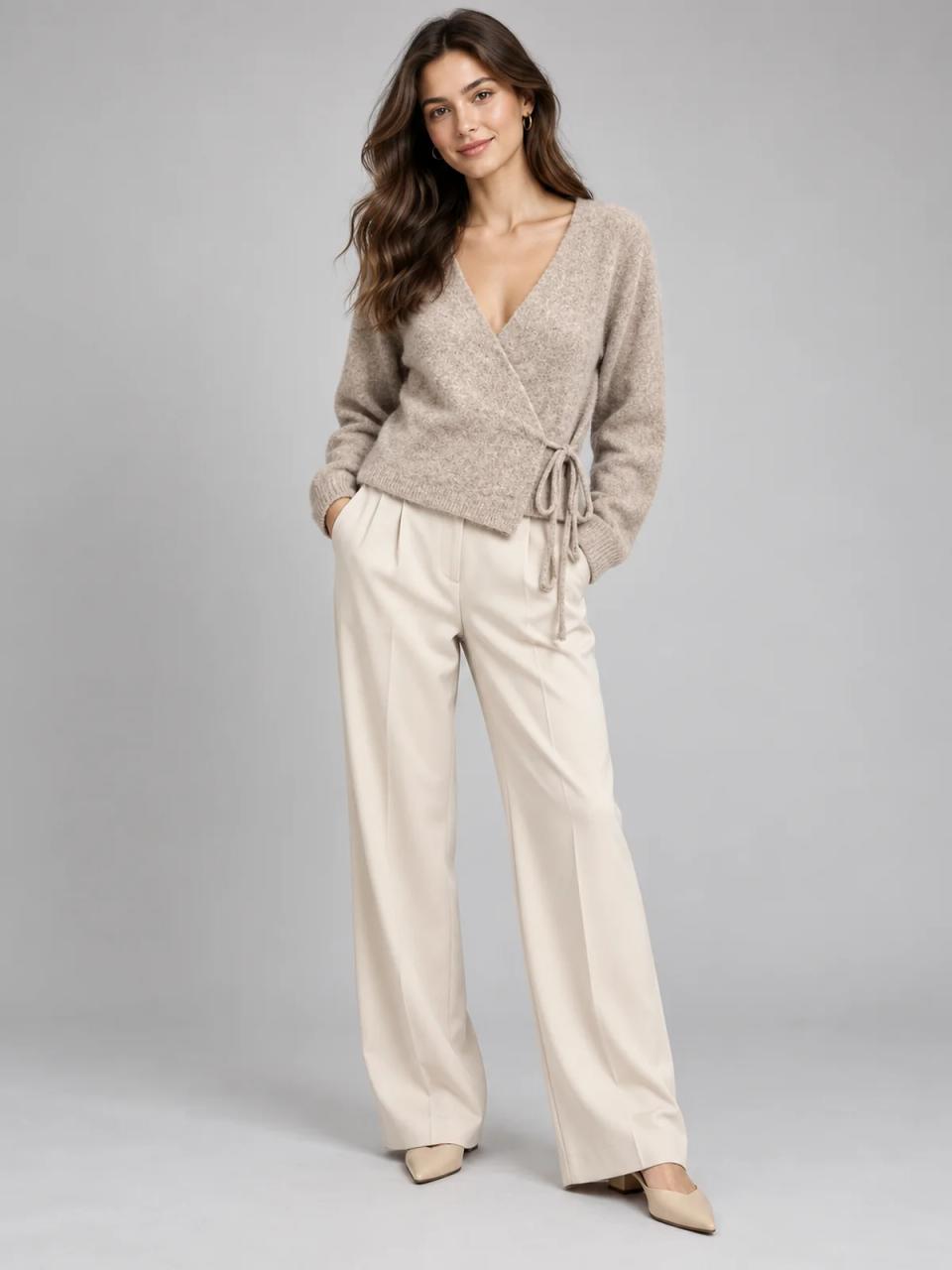 Grey wrap cardigan, worn, front view