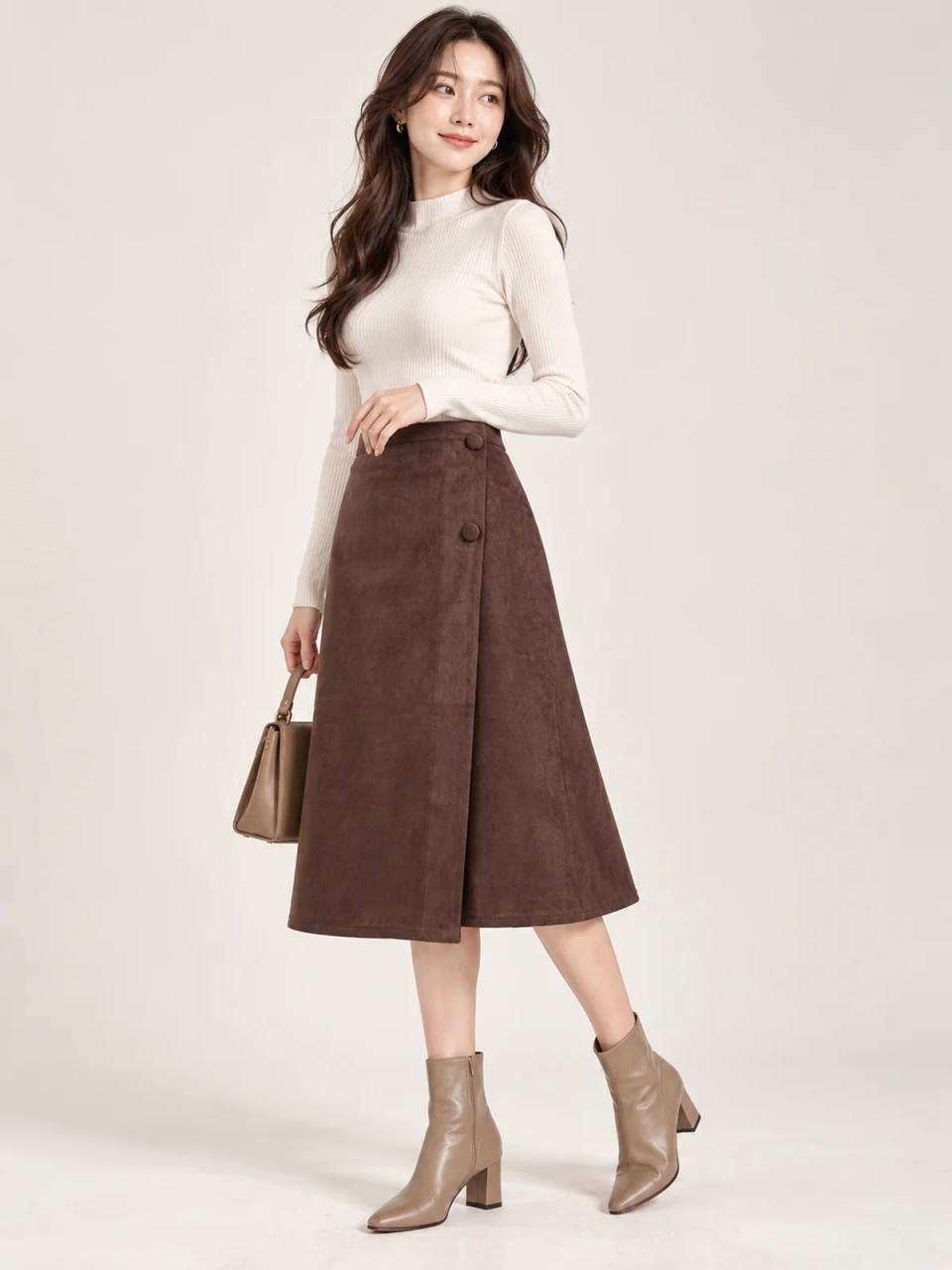 Brown wrap skirt, worn, alternate view