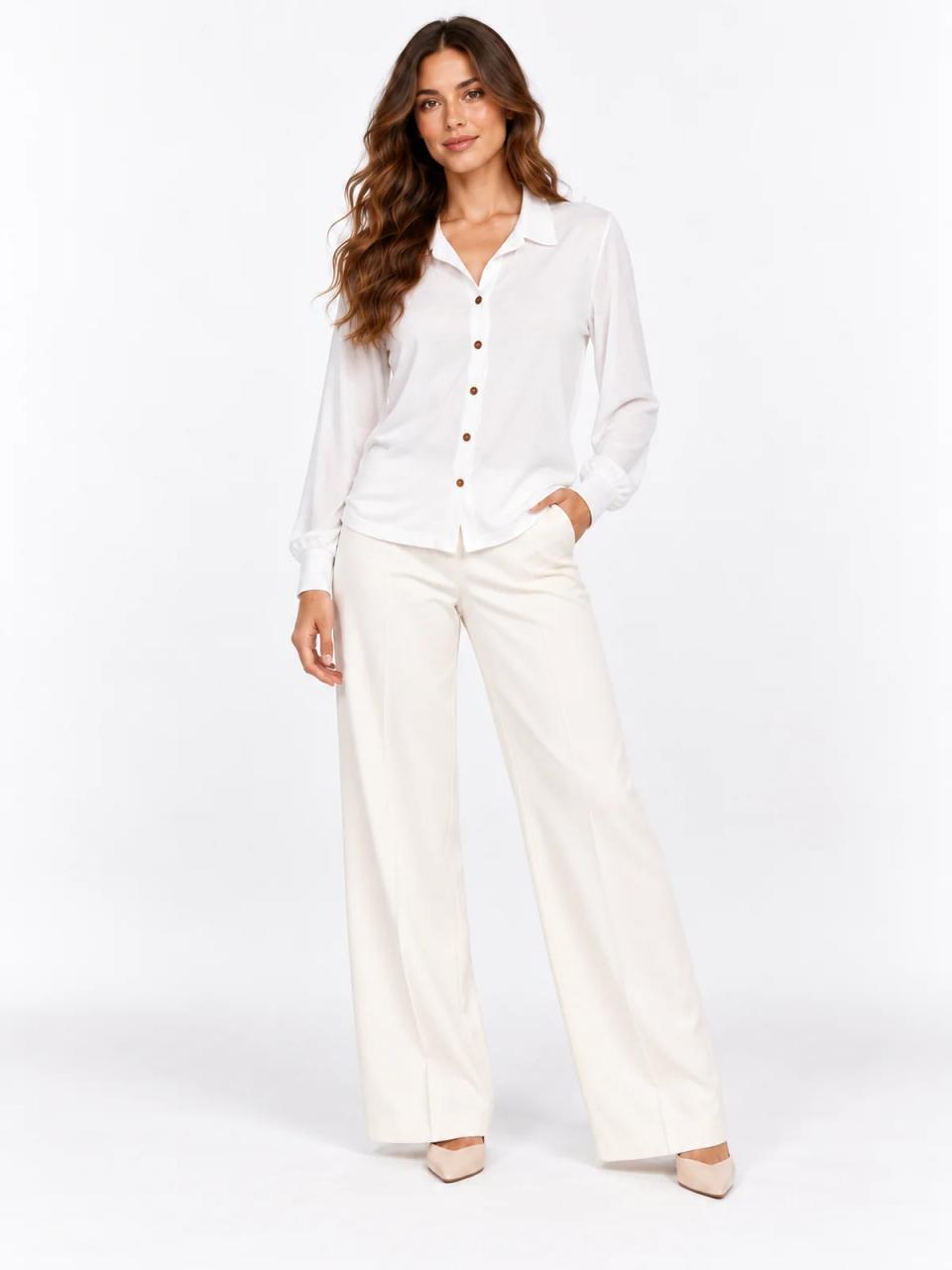 White shirt with brown buttons, worn, front view