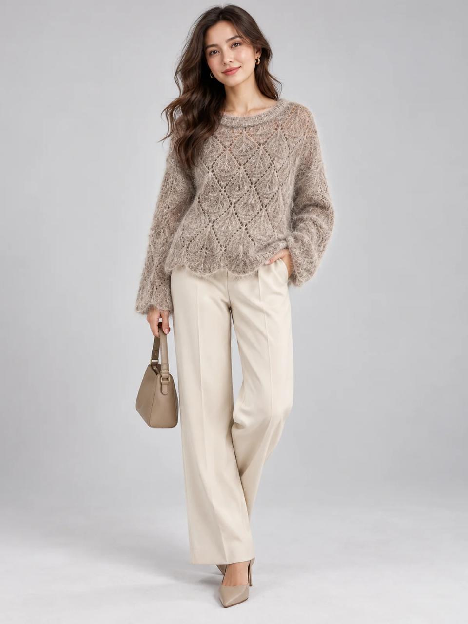 Jersey calado beige, puesto, vista frontal