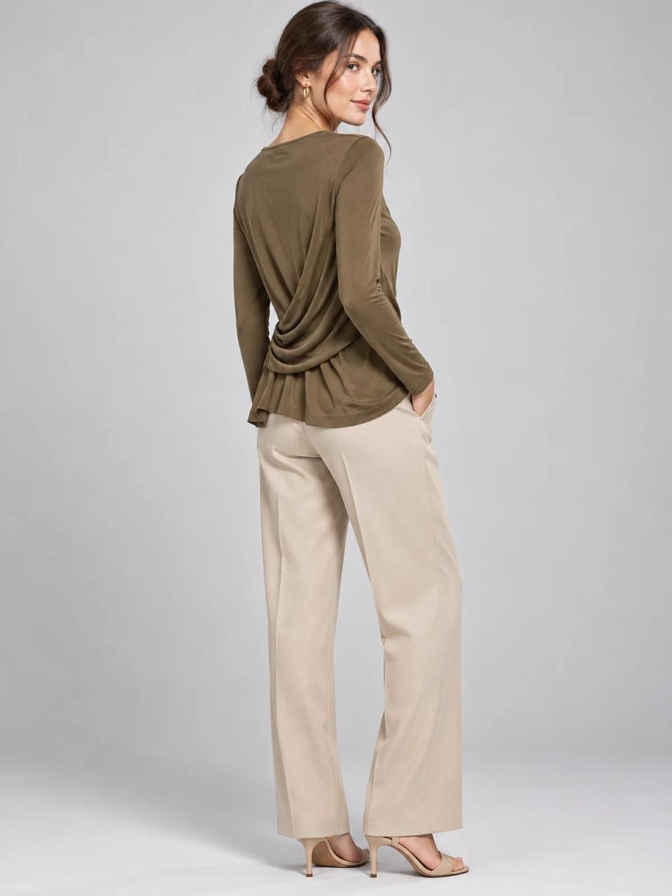 Khaki draped top, worn, alternate view