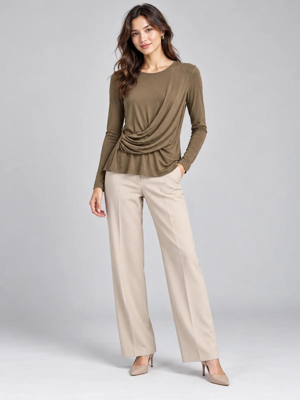 Khaki draped top, worn, front view
