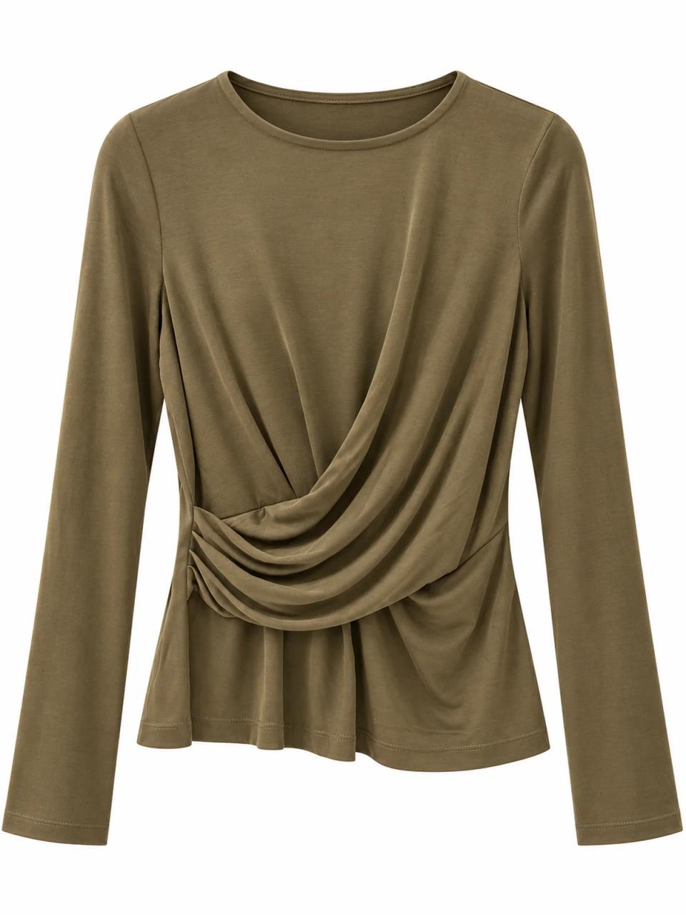 Khaki draped top, product photo on white background