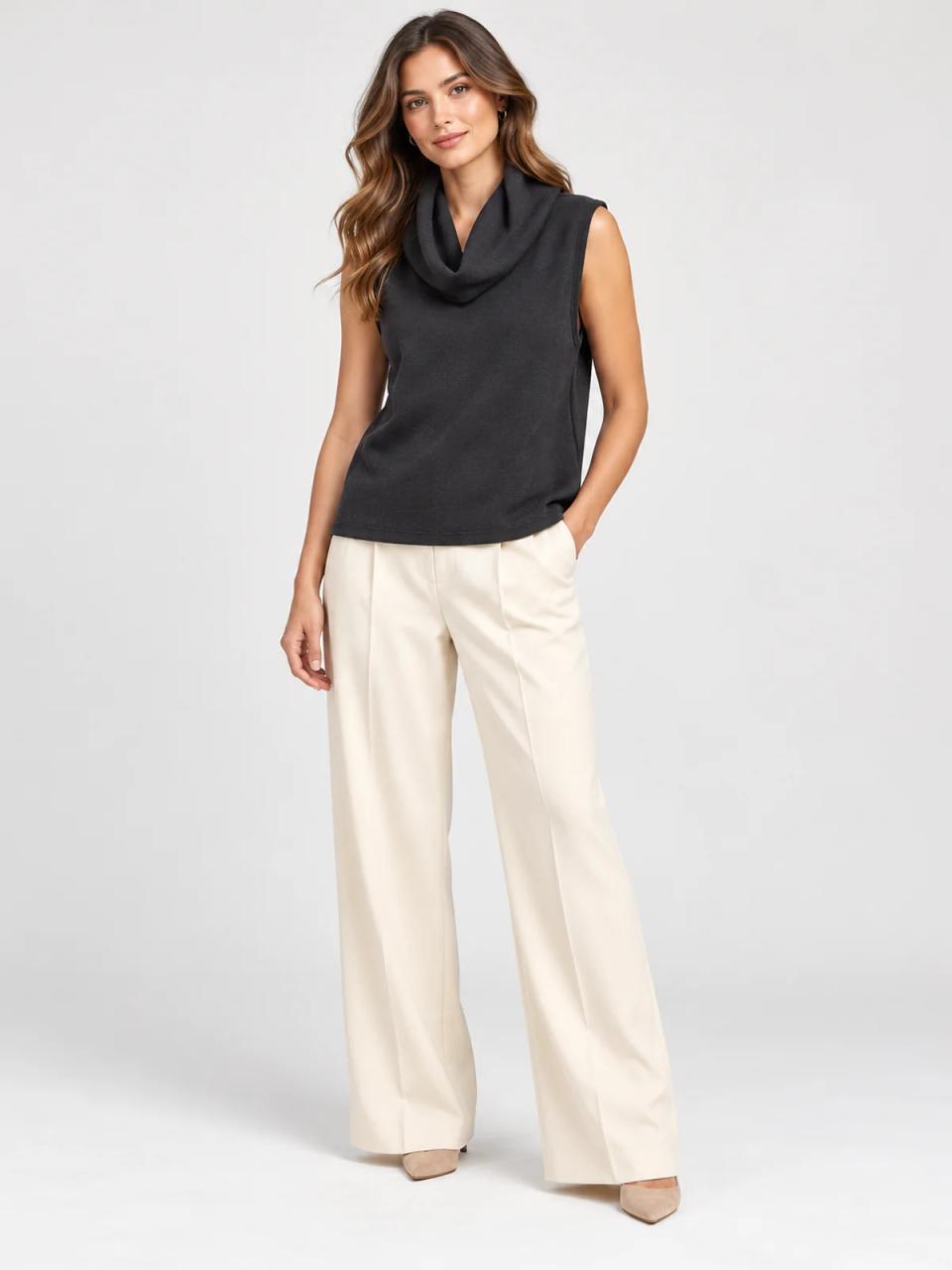 Sleeveless cowl-neck top, worn, front view