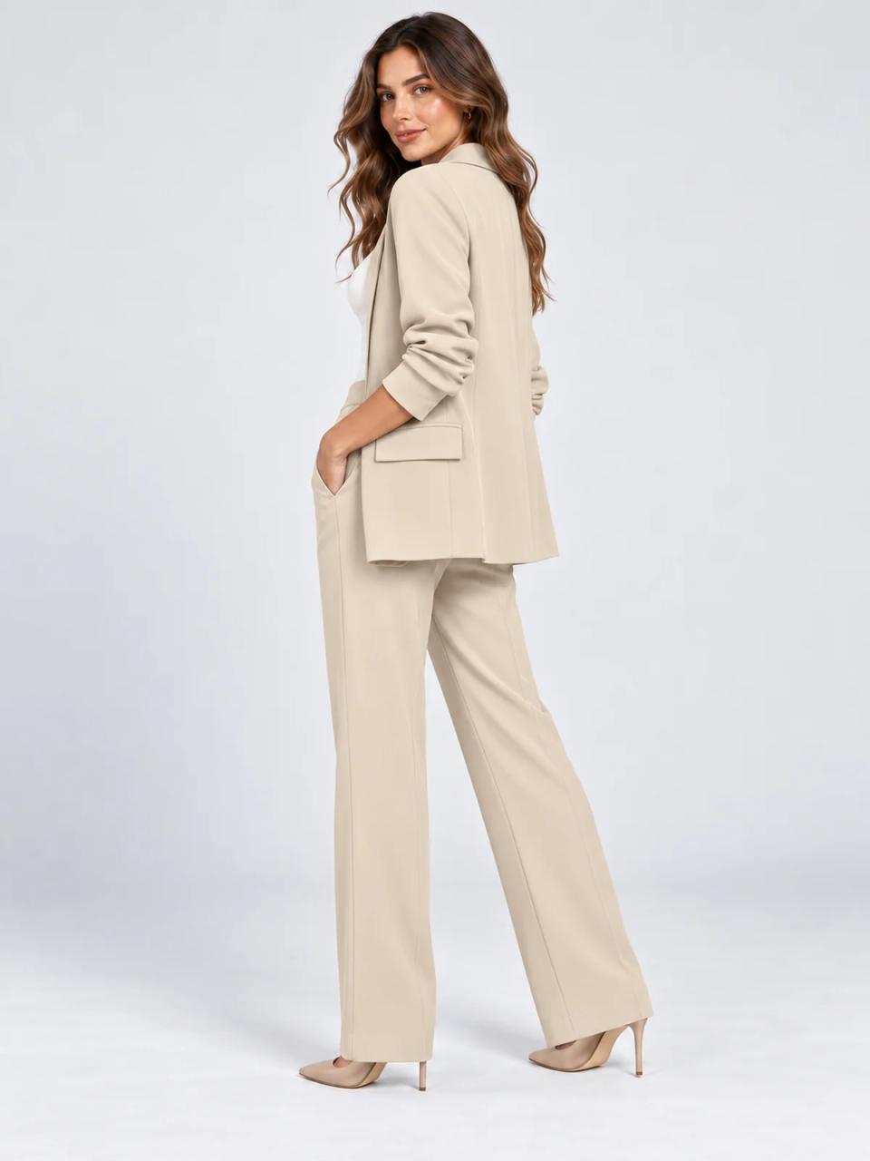 Beige blazer, worn, alternate view