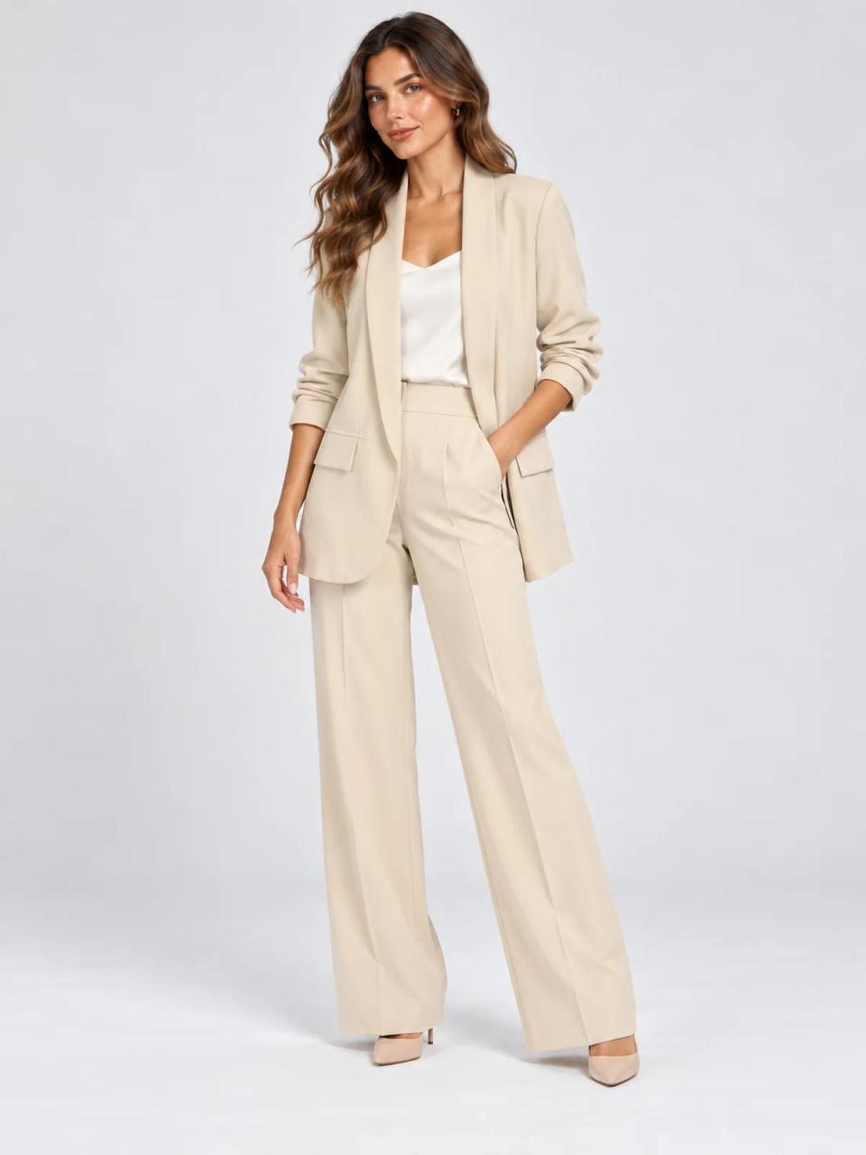 Beige blazer, worn, front view