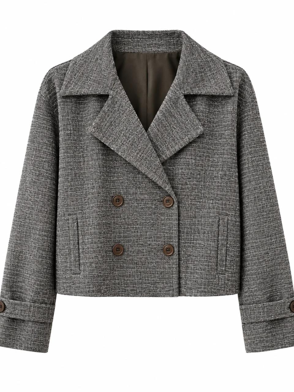 Grey double-breasted jacket, product photo on white background