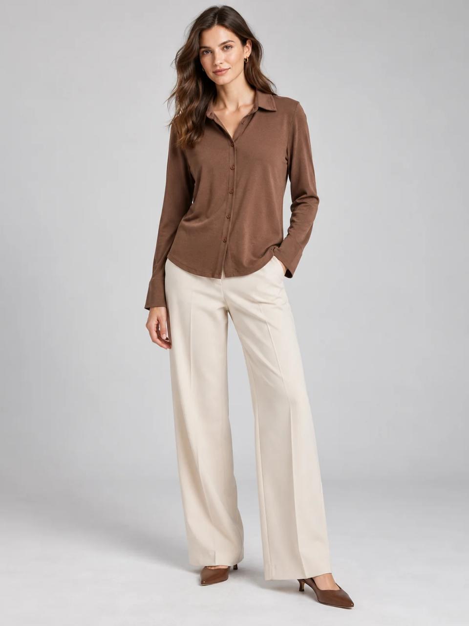 Brown shirt, worn, front view